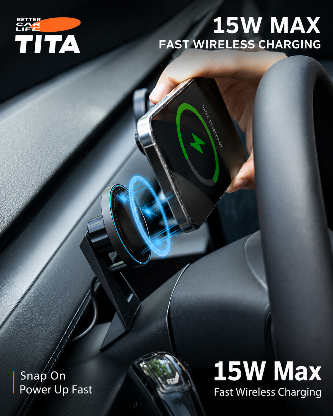 Tesla Steering Wheel Magnetic Phone Mount Wireless Charger, Qi 15W Fast Charging Car Phone Holder with 12 N52 Neodymium Magnets, Heat-Resistant ABS Body, Acrylic Panel, 360° Rotation, 165cm USB-C Cable, No-Trace 3M Adhesive Mount, Auto-Off Breathing Ambie