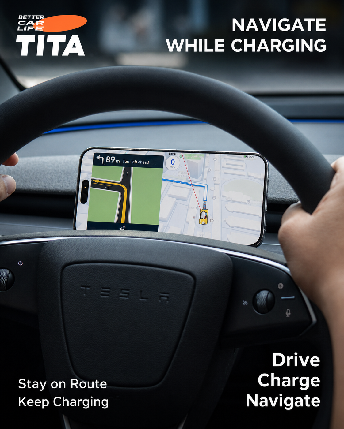 Tesla Steering Wheel Magnetic Phone Mount Wireless Charger, Qi 15W Fast Charging Car Phone Holder with 12 N52 Neodymium Magnets, Heat-Resistant ABS Body, Acrylic Panel, 360° Rotation, 165cm USB-C Cable, No-Trace 3M Adhesive Mount, Auto-Off Breathing Ambie