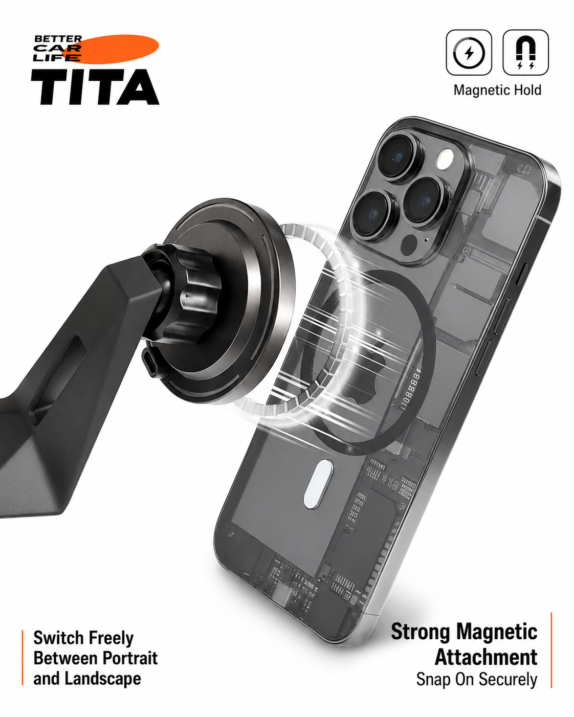 Tesla Steering Wheel Magnetic Phone Mount Wireless Charger, Qi 15W Fast Charging Car Phone Holder with 12 N52 Neodymium Magnets, Heat-Resistant ABS Body, Acrylic Panel, 360° Rotation, 165cm USB-C Cable, No-Trace 3M Adhesive Mount, Auto-Off Breathing Ambie