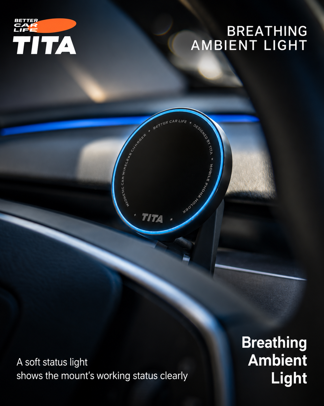 Tesla Steering Wheel Magnetic Phone Mount Wireless Charger, Qi 15W Fast Charging Car Phone Holder with 12 N52 Neodymium Magnets, Heat-Resistant ABS Body, Acrylic Panel, 360° Rotation, 165cm USB-C Cable, No-Trace 3M Adhesive Mount, Auto-Off Breathing Ambie