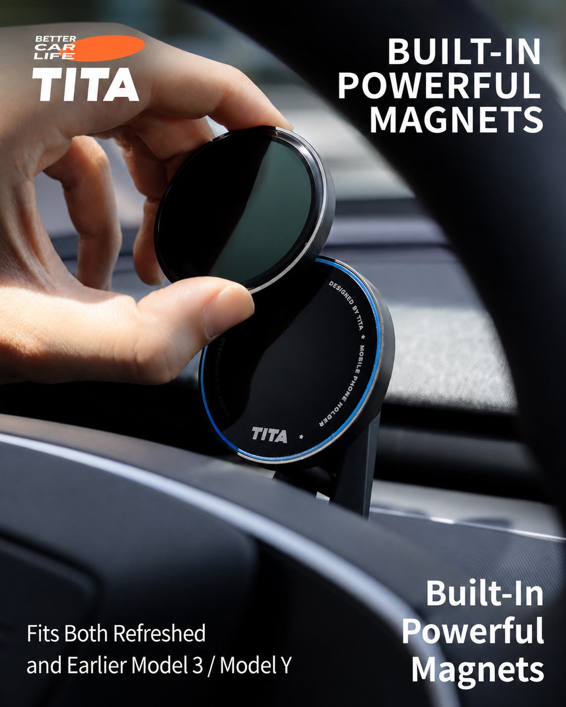 Tesla Steering Wheel Magnetic Phone Mount Wireless Charger, Qi 15W Fast Charging Car Phone Holder with 12 N52 Neodymium Magnets, Heat-Resistant ABS Body, Acrylic Panel, 360° Rotation, 165cm USB-C Cable, No-Trace 3M Adhesive Mount, Auto-Off Breathing Ambie