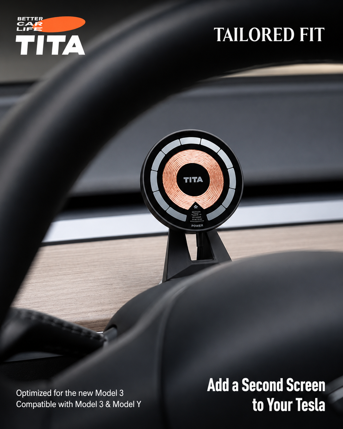 Tesla Steering Wheel Magnetic Phone Mount Wireless Charger, Qi 15W Fast Charging Car Phone Holder with 12 N52 Neodymium Magnets, Heat-Resistant ABS Body, Acrylic Panel, 360° Rotation, 165cm USB-C Cable, No-Trace 3M Adhesive Mount, Auto-Off Breathing Ambie