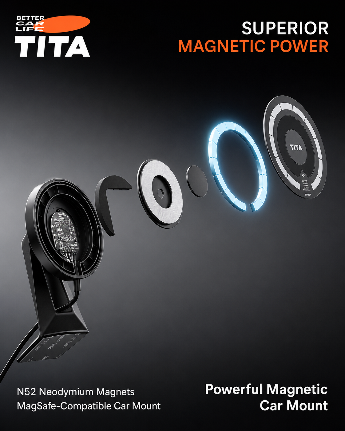 Tesla Steering Wheel Magnetic Phone Mount Wireless Charger, Qi 15W Fast Charging Car Phone Holder with 12 N52 Neodymium Magnets, Heat-Resistant ABS Body, Acrylic Panel, 360° Rotation, 165cm USB-C Cable, No-Trace 3M Adhesive Mount, Auto-Off Breathing Ambie
