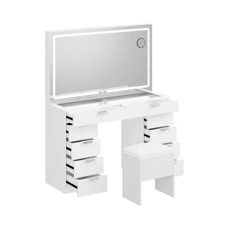 Modern Glass Top Makeup Vanity Table Set with LED Light Mirror and Drawers