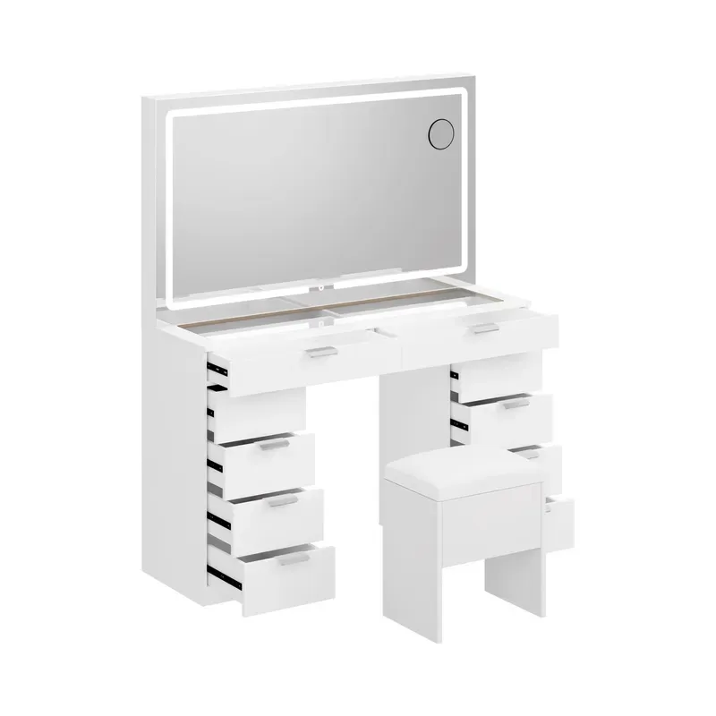 Modern Glass Top Makeup Vanity Table Set with LED Light Mirror and Drawers