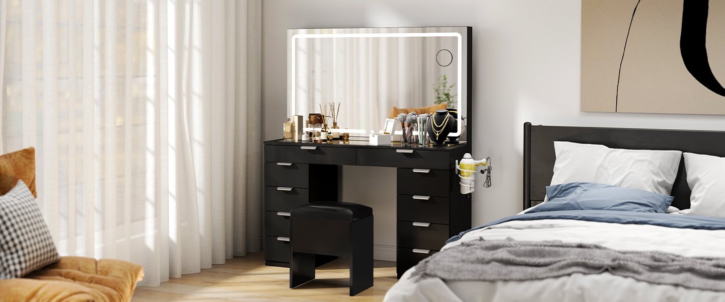 带玻璃台面和抽屉的梳妆台，黑色梳妆台，带抽屉的黑色梳妆台，带灯镜的黑色化妆梳妆台，玻璃台面梳妆台，带抽屉的玻璃台面梳妆台
