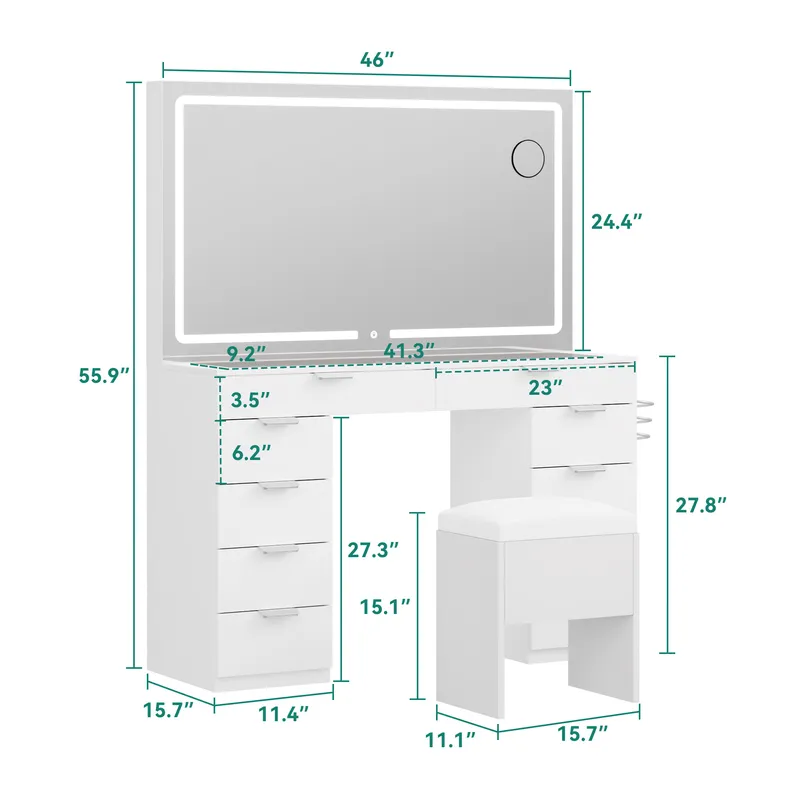 Modern Glass Top Makeup Vanity Table Set with LED Light Mirror and Drawers