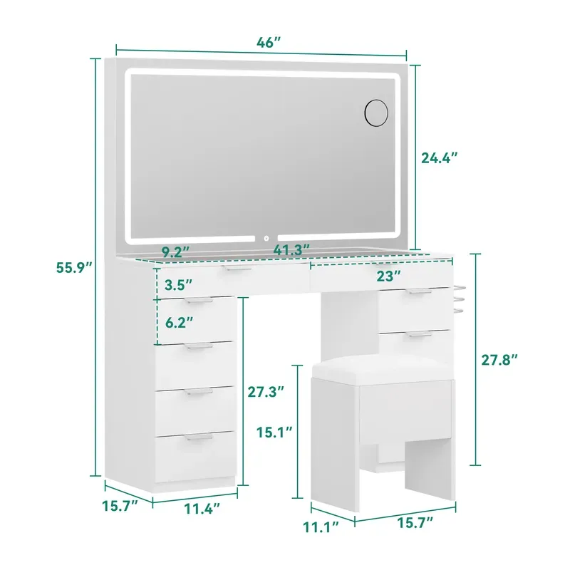 Modern Glass Top Makeup Vanity Table Set with LED Light Mirror and Drawers