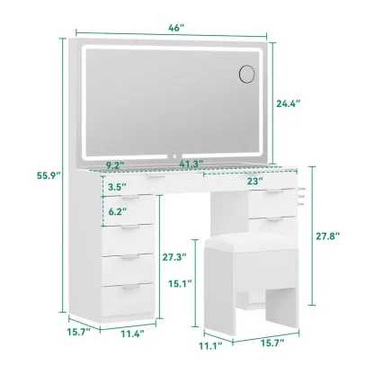 Modern Glass Top Makeup Vanity Table Set with LED Light Mirror and Drawers