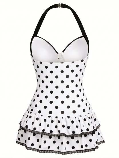 Black 1940s Halter Polka Dots Bow One-Piece Swimsuit