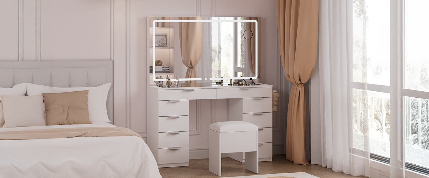 glass top vanity with mirror, makeup vanity table, vanity table with mirror, vanity table with led lighted mirror​, white vanity table set, modern white vanity table, glass top vanity table, glass top vanity table with drawers