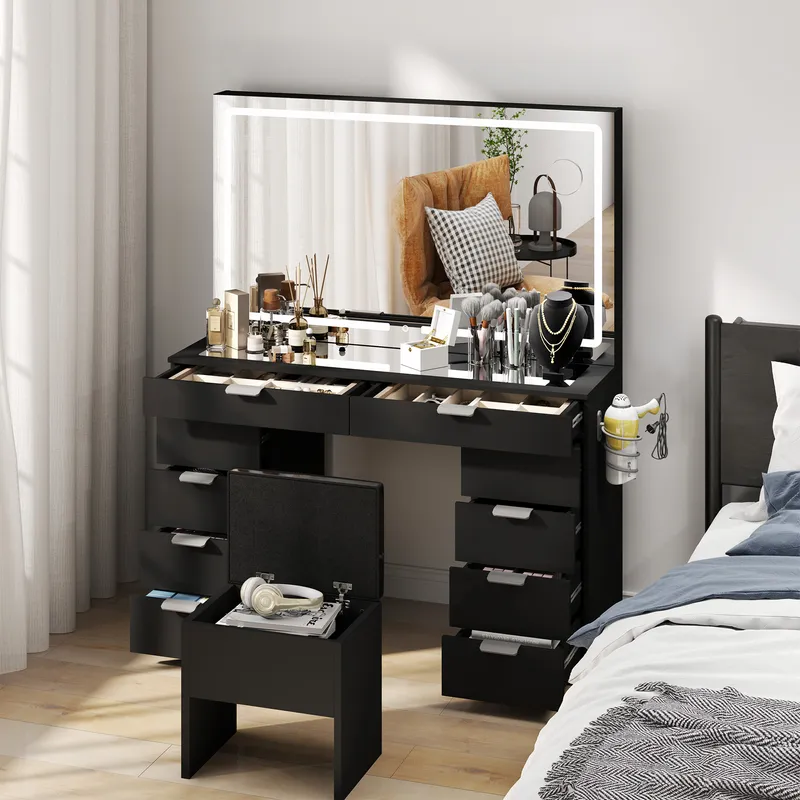 Modern Glass Top Makeup Vanity Table Set with LED Light Mirror and Drawers