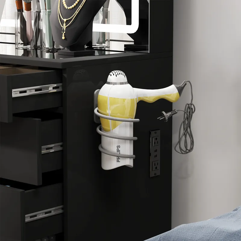 Modern Glass Top Makeup Vanity Table Set with LED Light Mirror and Drawers