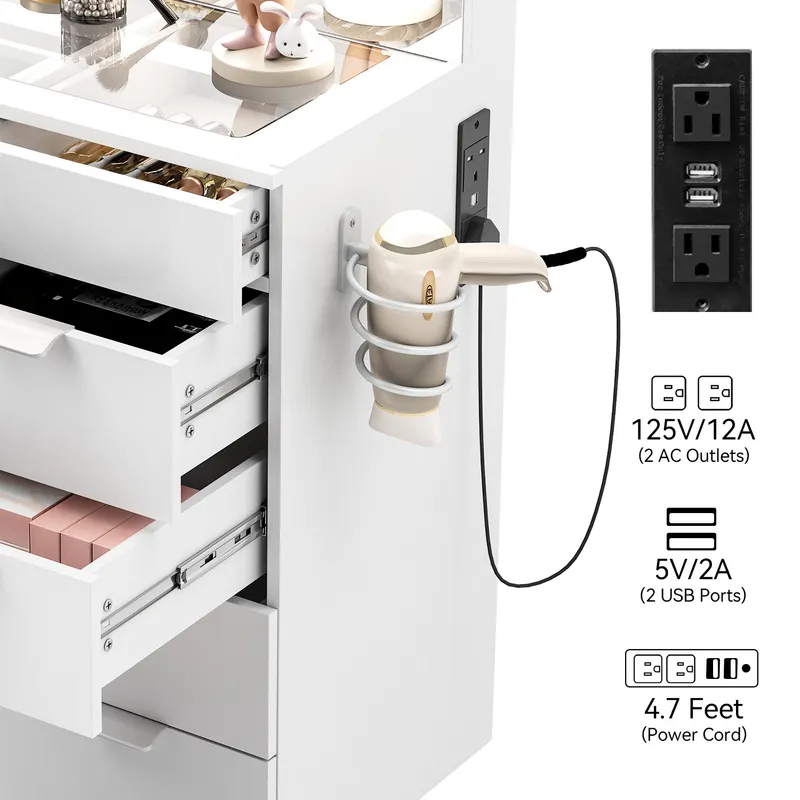 Modern Glass Top Makeup Vanity Table Set with LED Light Mirror and Drawers