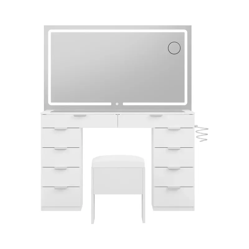 Modern Glass Top Makeup Vanity Table Set with LED Light Mirror and Drawers