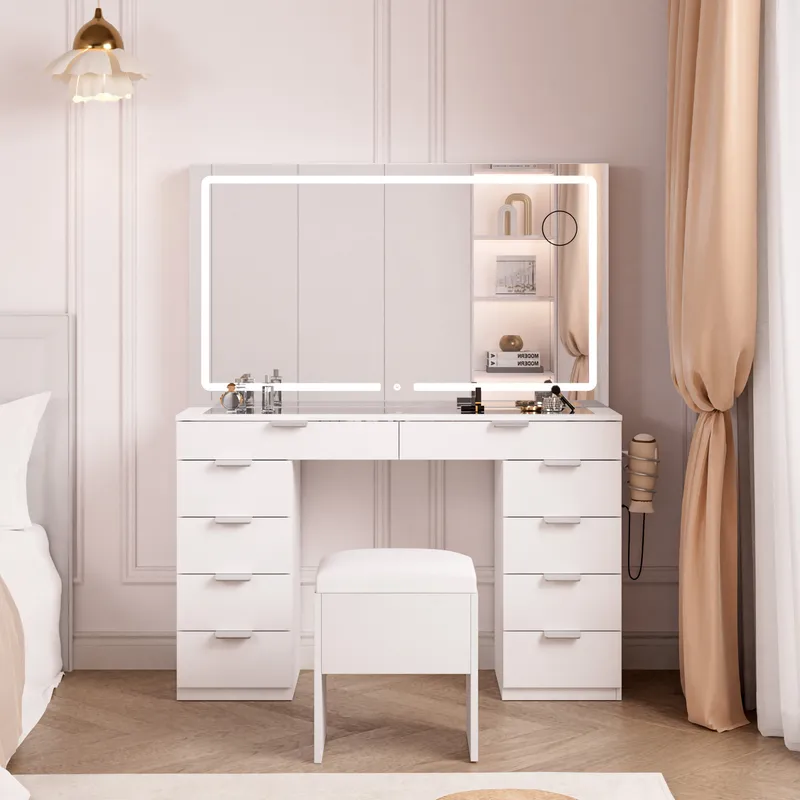 Modern Glass Top Makeup Vanity Table Set with LED Light Mirror and Drawers