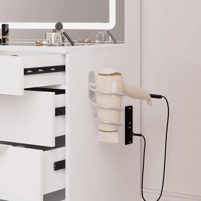 Modern Glass Top Makeup Vanity Table Set with LED Light Mirror and Drawers