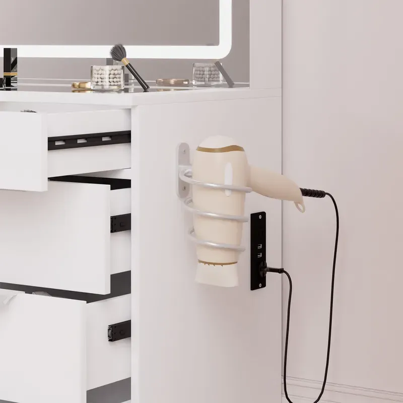 Modern Glass Top Makeup Vanity Table Set with LED Light Mirror and Drawers