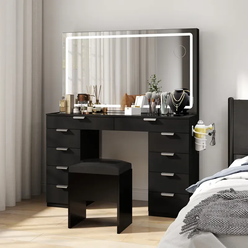 Modern Glass Top Makeup Vanity Table Set with LED Light Mirror and Drawers