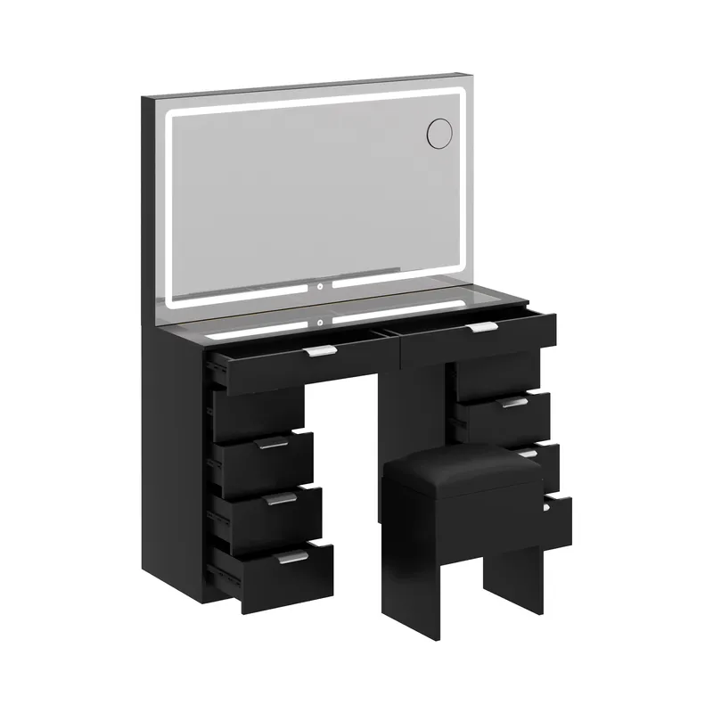 Modern Glass Top Makeup Vanity Table Set with LED Light Mirror and Drawers