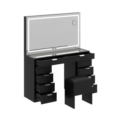 Modern Glass Top Makeup Vanity Table Set with LED Light Mirror and Drawers