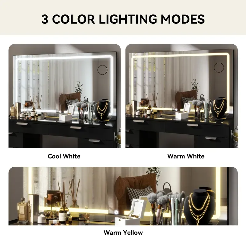 Modern Glass Top Makeup Vanity Table Set with LED Light Mirror and Drawers