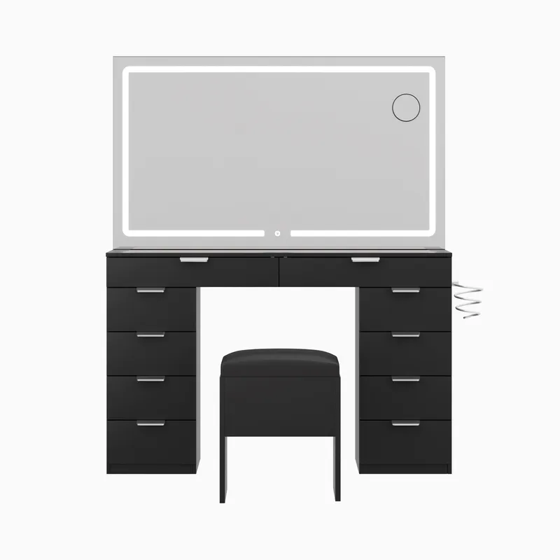 Modern Glass Top Makeup Vanity Table Set with LED Light Mirror and Drawers