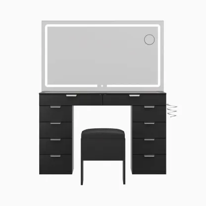 Modern Glass Top Makeup Vanity Table Set with LED Light Mirror and Drawers