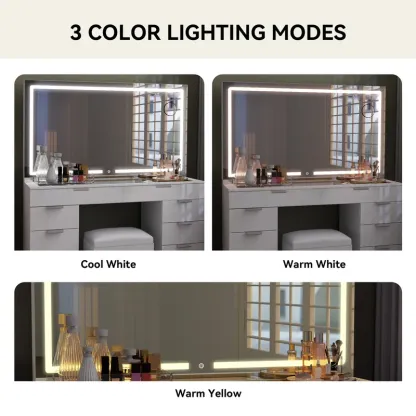 Modern Glass Top Makeup Vanity Table Set with LED Light Mirror and Drawers