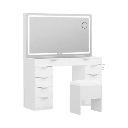 Modern Glass Top Makeup Vanity Table Set with LED Light Mirror and Drawers