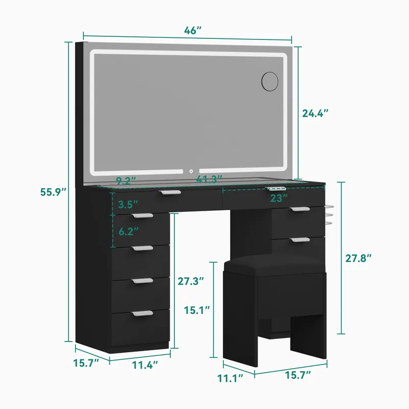 Modern Glass Top Makeup Vanity Table Set with LED Light Mirror and Drawers