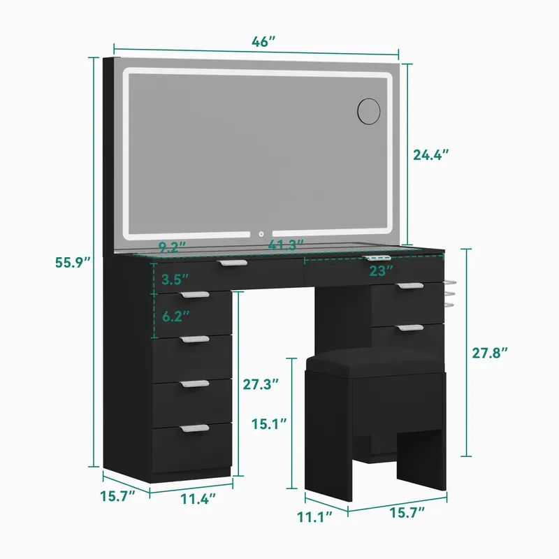Modern Glass Top Makeup Vanity Table Set with LED Light Mirror and Drawers
