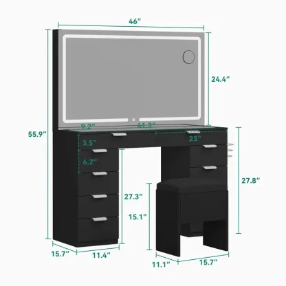 Modern Glass Top Makeup Vanity Table Set with LED Light Mirror and Drawers