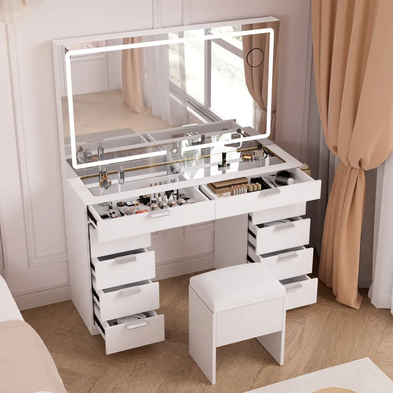 Modern Glass Top Makeup Vanity Table Set with LED Light Mirror and Drawers