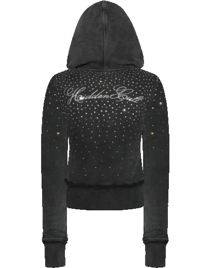 Rhinestone Black Wash Fitted Zip Hoodie