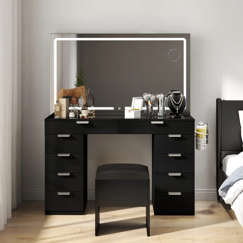 Modern Glass Top Makeup Vanity Table Set with LED Light Mirror and Drawers