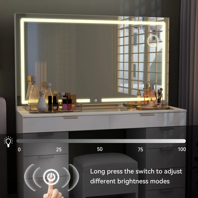 Modern Glass Top Makeup Vanity Table Set with LED Light Mirror and Drawers