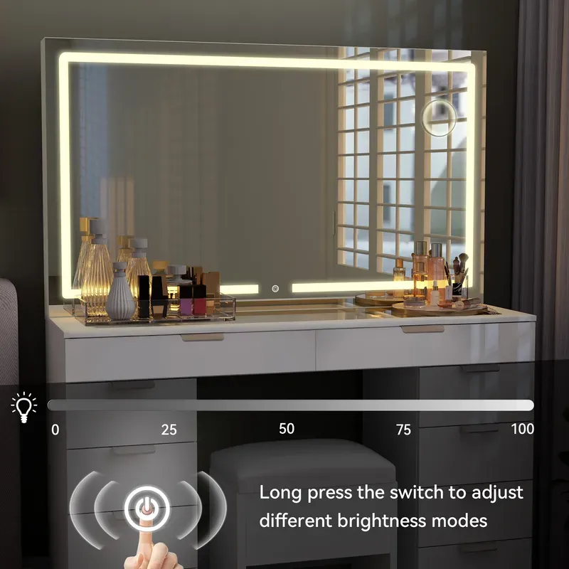 Modern Glass Top Makeup Vanity Table Set with LED Light Mirror and Drawers