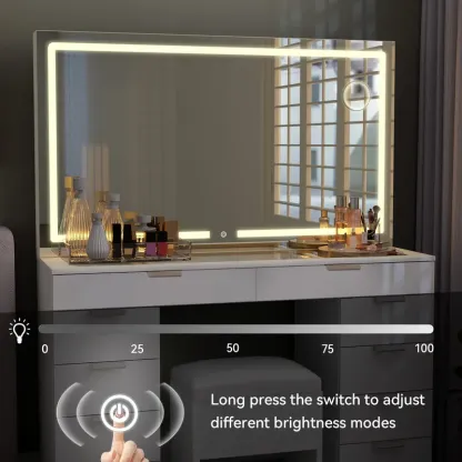 Modern Glass Top Makeup Vanity Table Set with LED Light Mirror and Drawers