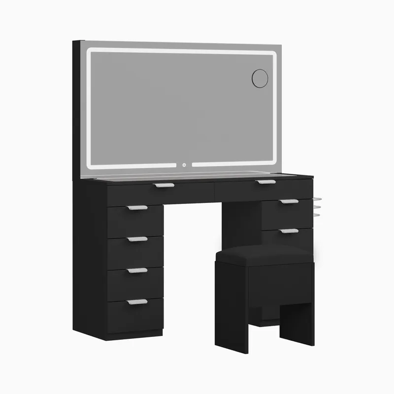 Modern Glass Top Makeup Vanity Table Set with LED Light Mirror and Drawers