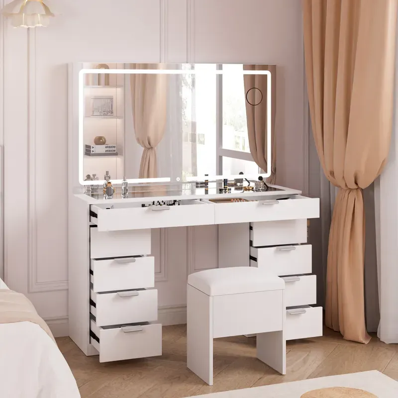 Modern Glass Top Makeup Vanity Table Set with LED Light Mirror and Drawers