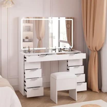 Modern Glass Top Makeup Vanity Table Set with LED Light Mirror and Drawers