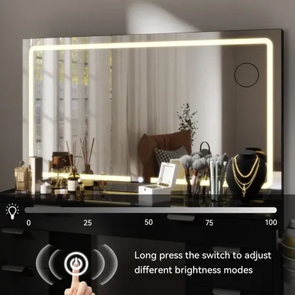 Modern Glass Top Makeup Vanity Table Set with LED Light Mirror and Drawers