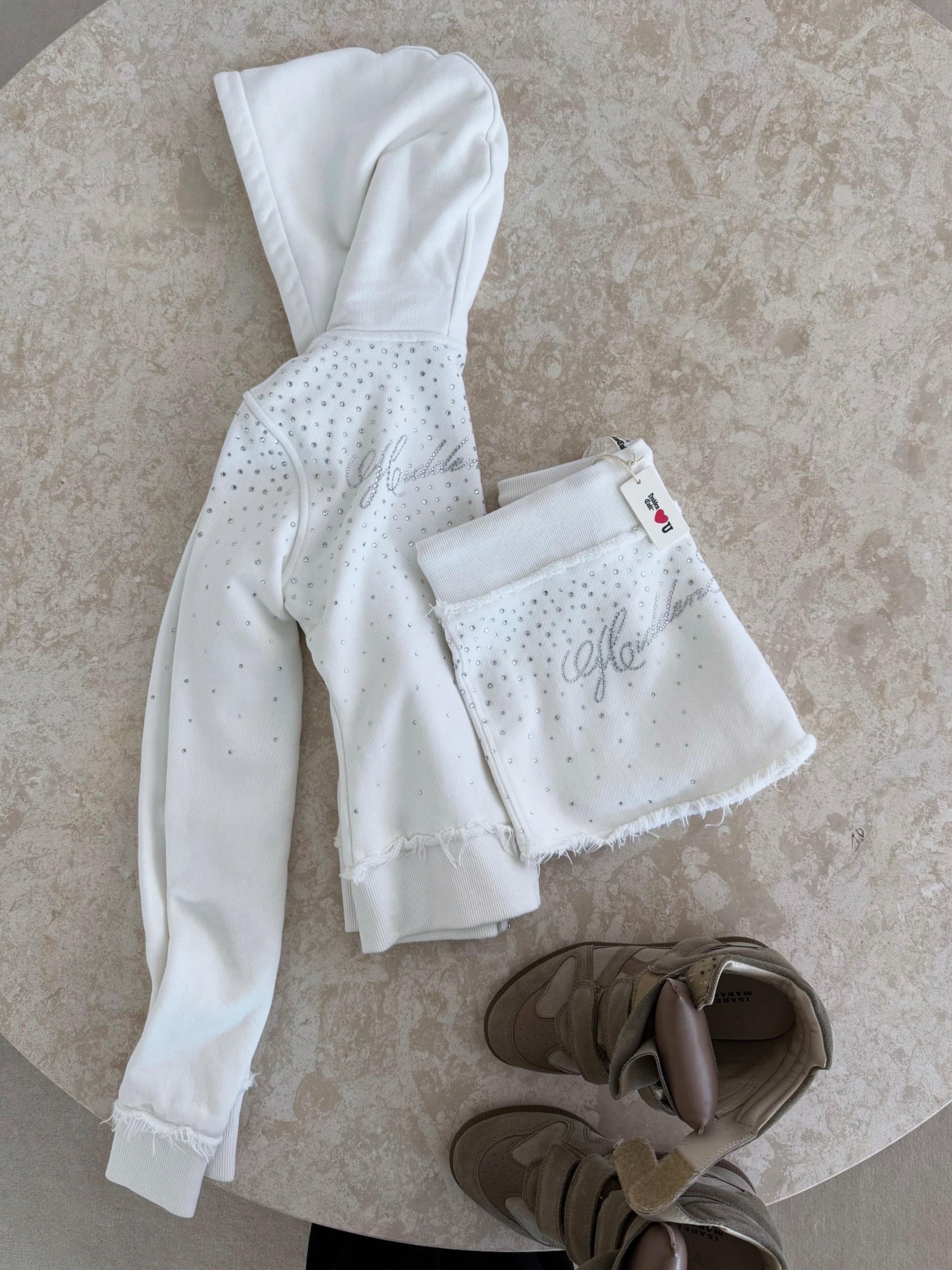 SIGN UP - Rhinestone White Fitted Zip Hoodie