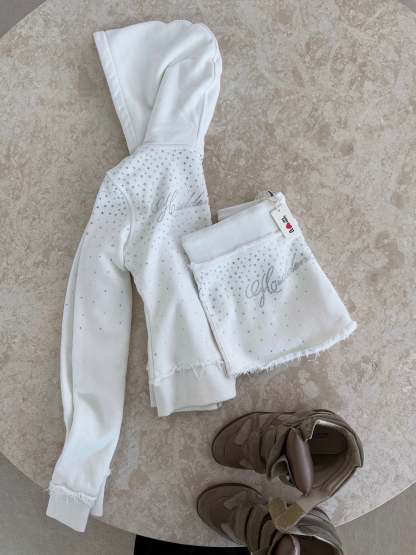 SIGN UP - Rhinestone White Fitted Zip Hoodie