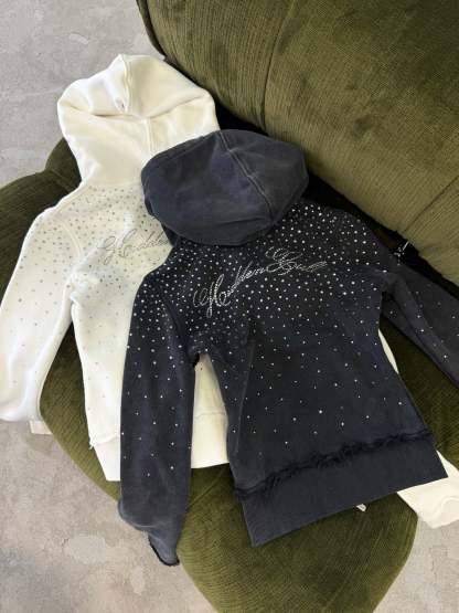 Rhinestone Black Wash Fitted Zip Hoodie