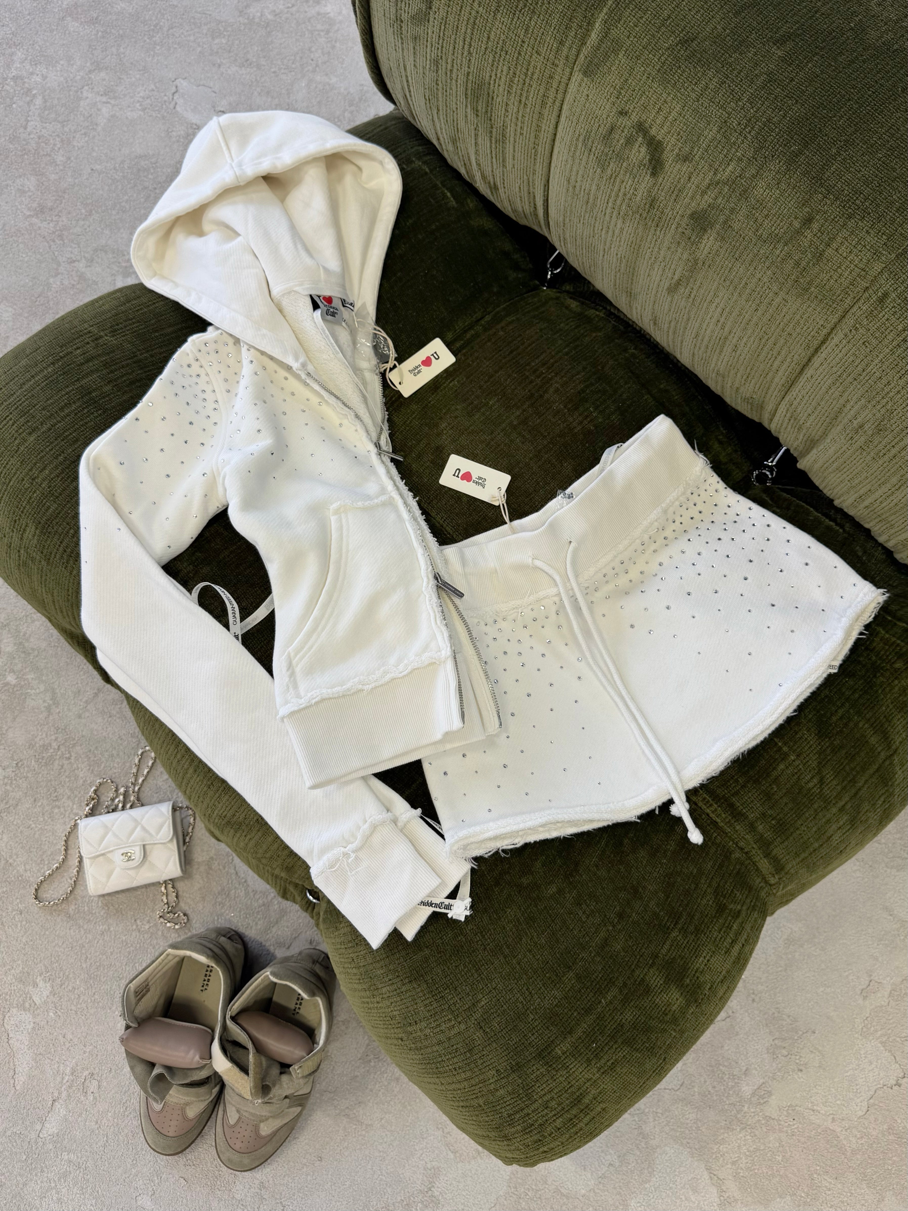 SIGN UP - Rhinestone White Fitted Zip Hoodie