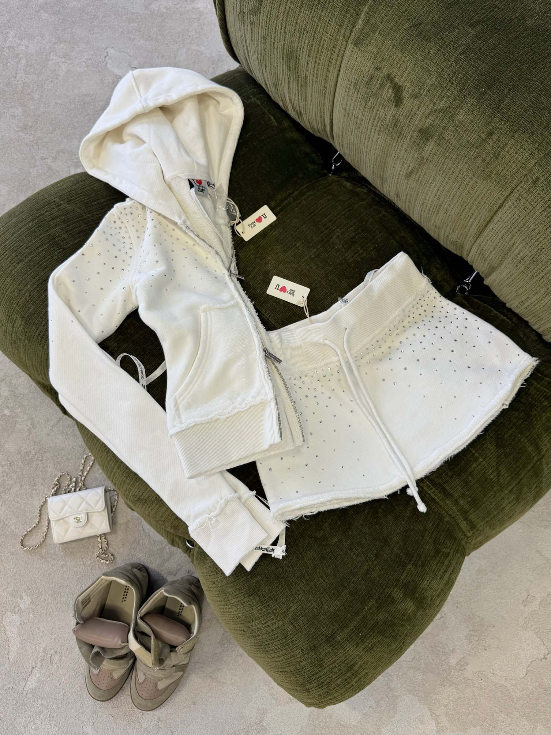 SIGN UP - Rhinestone White Fitted Zip Hoodie