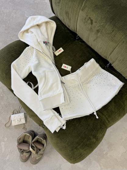 SIGN UP - Rhinestone White Fitted Zip Hoodie