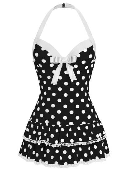 Black 1940s Halter Polka Dots Bow One-Piece Swimsuit